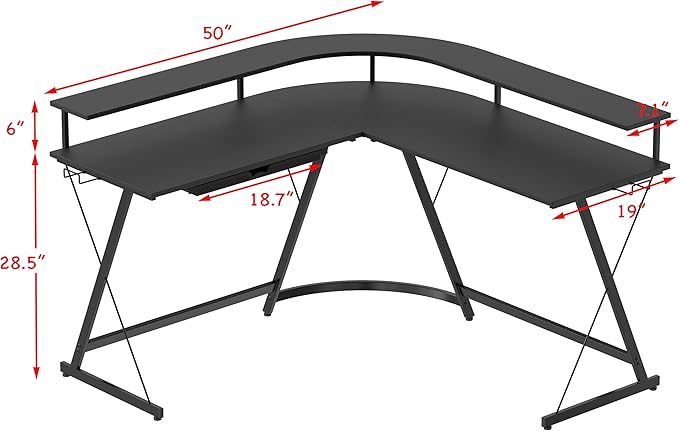 SHW Vista L Desk with U Monitor Stand and Drawer, Black - LeafyLoom