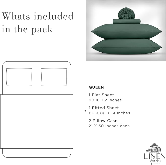 Linen Home Washed Cotton Percale Queen Sheet Set, Dark Olive, Deep Pocket, 4 Pieces Bed Sheets - 1 Flat Sheet, 1 Fitted Sheet & 2 Envelope Closure Pillowcases, Cool and Comfortable Bed Linen - LeafyLoom