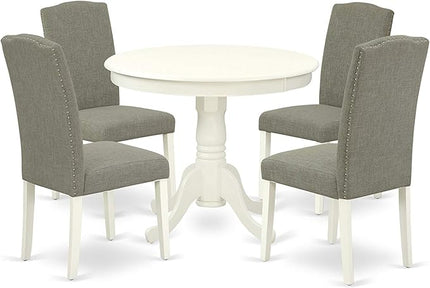 East West Furniture ANEN5-LWH-06 Antique 5 Piece Room Furniture Set Includes a Round Kitchen Table with Pedestal and 4 Dark Shitake Linen Fabric Parsons Dining Chairs, 36x36 Inch - LeafyLoom