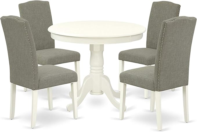 East West Furniture ANEN5-LWH-06 Antique 5 Piece Room Furniture Set Includes a Round Kitchen Table with Pedestal and 4 Dark Shitake Linen Fabric Parsons Dining Chairs, 36x36 Inch - LeafyLoom