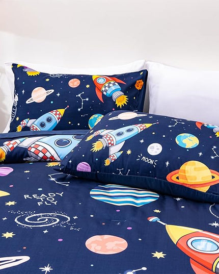Aimuan Space Comforter Twin Set Kids Rocket Bedding Set Super Soft & Cute Aliens UFO Printed for Boys Girls Teen (Navy, Twin 5Pcs) - LeafyLoom