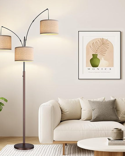 Dimmable Floor Lamp, 3 Lights Brown Arc Floor Lamps for Living Room, Modern Tall Standing Tree Lamp with Beige Linen Shade & Heavy Base, Large Floor Lamp for Bedroom Office, 3x1000 LM Bulbs Included - LeafyLoom