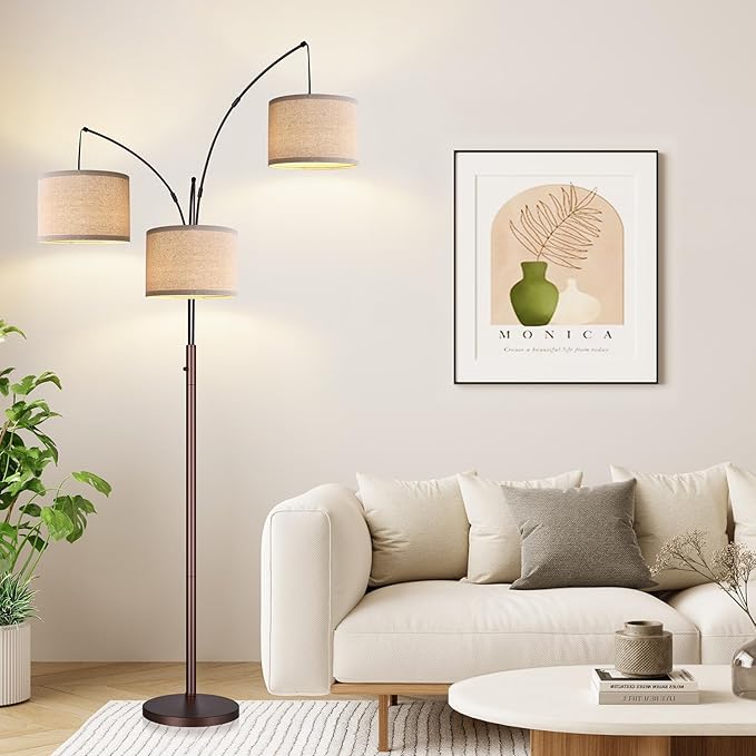 Dimmable Floor Lamp, 3 Lights Brown Arc Floor Lamps for Living Room, Modern Tall Standing Tree Lamp with Beige Linen Shade & Heavy Base, Large Floor Lamp for Bedroom Office, 3x1000 LM Bulbs Included - LeafyLoom