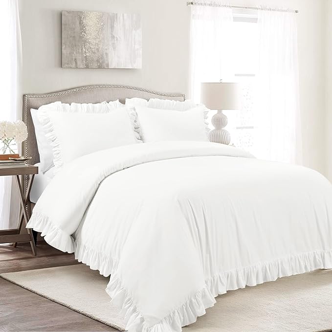 Lush Decor Reyna Ruffle 100% Cotton Duvet Cover Set - 3 Piece Cozy Ruffled Bedding Set - Timeless Elegance and Comfort - Full/ Queen, Pure White - LeafyLoom