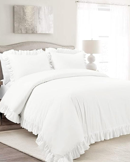 Lush Decor Reyna Ruffle 100% Cotton Duvet Cover Set - 3 Piece Cozy Ruffled Bedding Set - Timeless Elegance and Comfort - King, Pure White - LeafyLoom