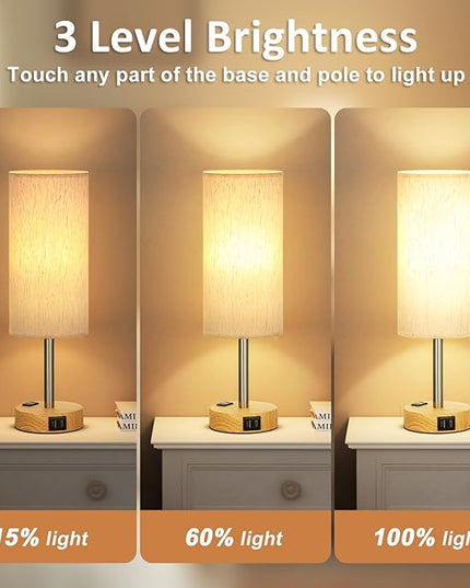 Small Touch Table Lamps Set of 2-3-Way Dimmable, USB A + C Charging, AC Outlet, Wood Grain Base, Bulbs Included - LeafyLoom