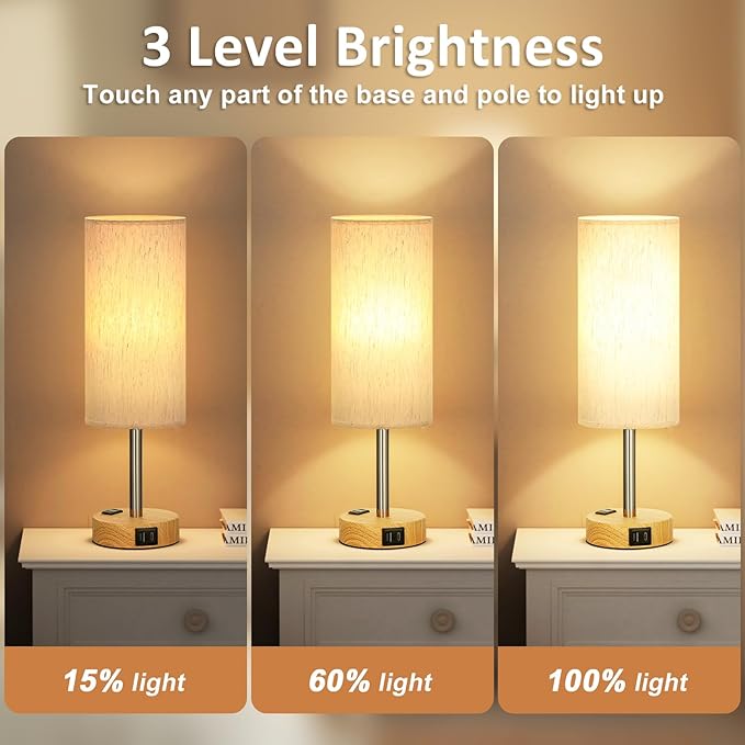 Small Touch Table Lamps Set of 2-3-Way Dimmable, USB A + C Charging, AC Outlet, Wood Grain Base, Bulbs Included - LeafyLoom