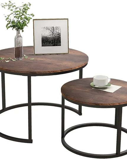 Industrial Round Coffee Table Set of 2 End Table for Living Room,Stacking Side Tables, Sturdy and Easy Assembly,Wood Look Accent Furniture with Metal Frame,Black+Rustic Brown - LeafyLoom
