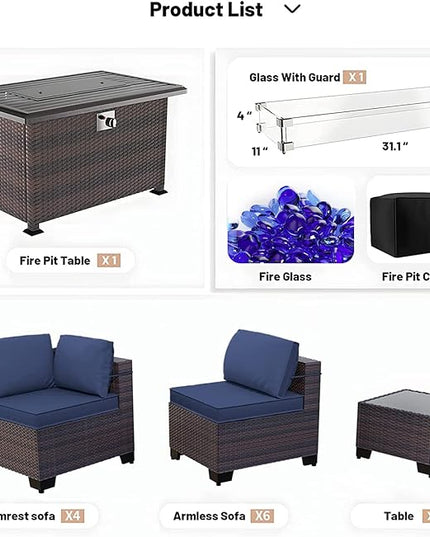 Kullavik 13 Pieces Outdoor Patio Furniture Set with 43" 55000BTU Gas Propane Fire Pit Table PE Wicker Rattan Sectional Sofa Patio Conversation Sets,Navy Blue - LeafyLoom
