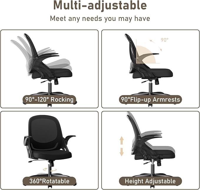 Home Office Chair Work Desk Chair Comfort Ergonomic Swivel Computer Chair, Breathable Mesh Desk Chair, Lumbar Support Task Chair with Wheels and Flip-up Arms and Adjustable Height - LeafyLoom