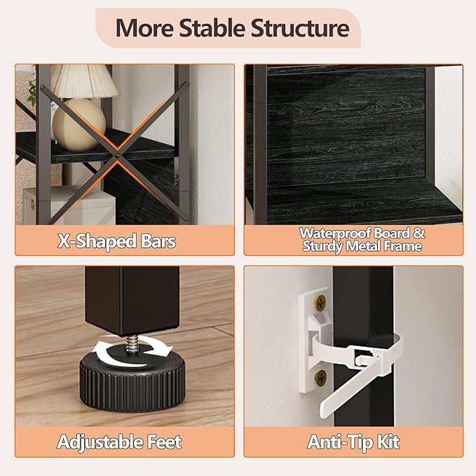 Furologee 5 Tier Tall Bookshelf with Back, Industrial Narrow Bookcase, Display Standing Shelf Units, Metal and Wood Storage Corner Shelves Organizer for Bedroom, Living Room, Entryway, Kitchen, Black - LeafyLoom