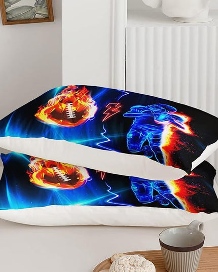 Axolotl Football Comforter Queen,Cool Blue Football Bedding Sports Theme Comforter Set For Boys,3D Rugby Sports Bedding Set Football Player On Fire For Boys Kids Teens,1 Quilt 2 Pillowcases,Black Blue - LeafyLoom