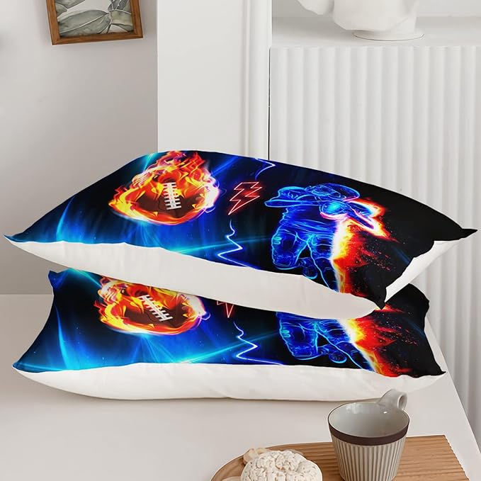Axolotl Football Comforter Full,Cool Blue Football Bedding Sports Theme Comforter Set for Boys,3D Rugby Sports Bedding Set Football Player On Fire for Boys Kids Teens,1 Quilt 2 Pillowcases,Black Blue - LeafyLoom