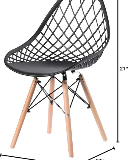 Mid-Century Modern Style Plastic DSW Shell Dining Chair with Lattice Back and Wooden Dowel Eiffel Legs, Black - LeafyLoom