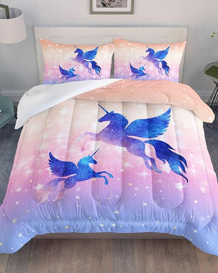 Datura home Bedding Comforter Set Starry Sky Unicorn Printed Pattern Quilt with 1 and 2 Pillowcases for Girls Bedroom All Season(Purple Full) Full 80x90inches - LeafyLoom