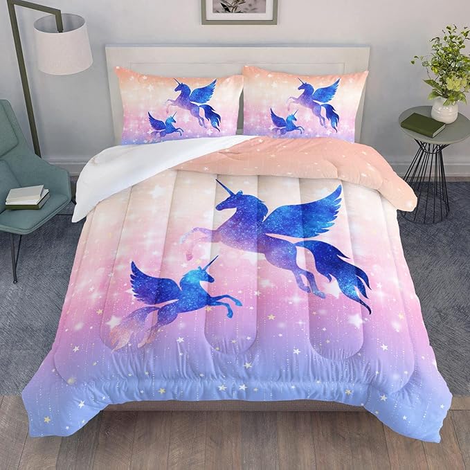 Datura home Bedding Comforter Set Starry Sky Unicorn Printed Pattern Quilt with 1 and 2 Pillowcases for Girls Bedroom All Season(Purple Queen) Queen 90x90inches - LeafyLoom