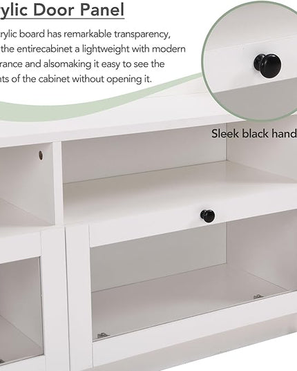 Merax Sleek & Modern Design TV Stand with Acrylic Board Door and Black Handles, Chic Elegant Media Console for Television Up to 65", Ample Storage Space Cabinet, 63.0 inch Length, White - LeafyLoom