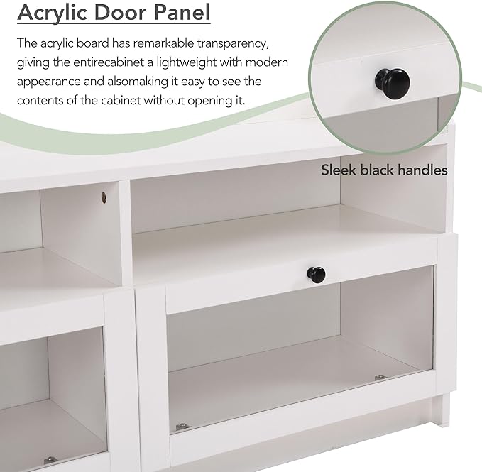Merax Sleek & Modern Design TV Stand with Acrylic Board Door and Black Handles, Chic Elegant Media Console for Television Up to 65", Ample Storage Space Cabinet, 63.0 inch Length, White - LeafyLoom