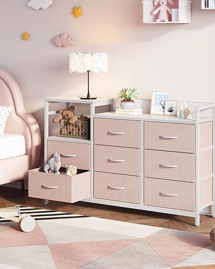 ODK Dresser with Charging Station, 52-Inch Long Dresser TV Stand for Bedroom, Large Dresser with 8 Storage Drawers, Chest of Drawers Easy-Pull Fabric Dressers for Living Room, White and Pink - LeafyLoom