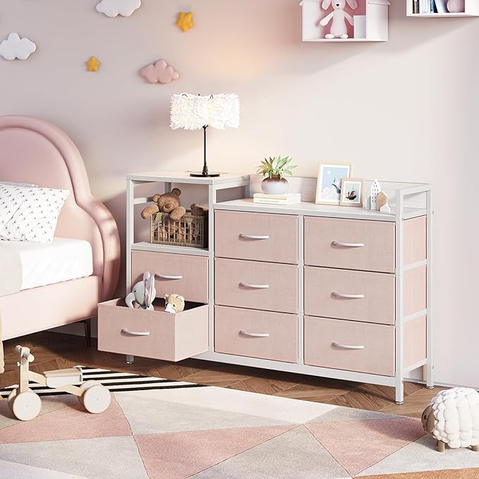 ODK Dresser with Charging Station, 52-Inch Long Dresser TV Stand for Bedroom, Large Dresser with 8 Storage Drawers, Chest of Drawers Easy-Pull Fabric Dressers for Living Room, White and Pink - LeafyLoom