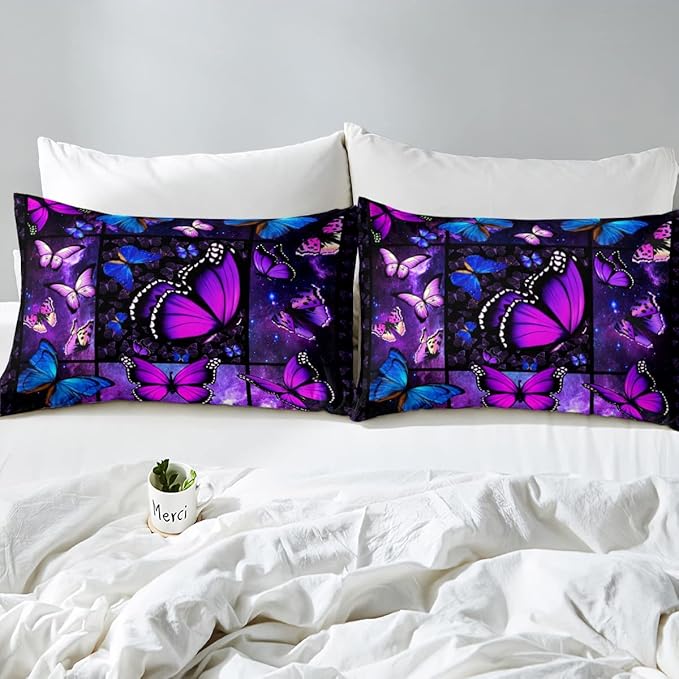 Erosebridal Butterfly Comforter Set Starry Sky Galaxy Comforter Blue Purple Butterfly Bedding Sets Full for Kids Girls Teens Women Bed,Aesthetics Butterflies Quilt Duvet Set 2 Pillow Cases Room Decor - LeafyLoom