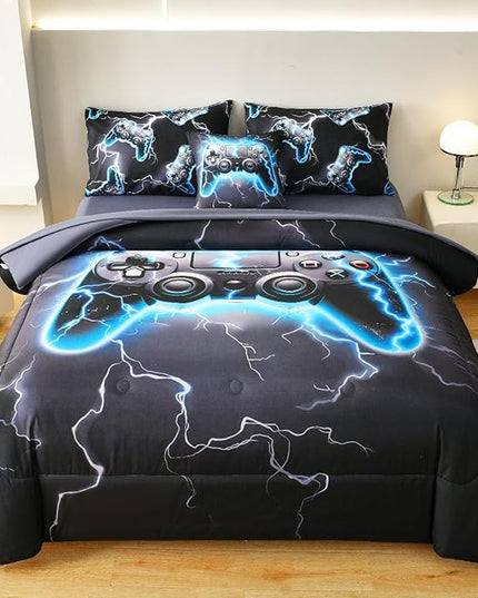 Game Console Full Comforter Set with Sheets, Microfiber 6 Pcs Bed in A Bag Full Size Gamer Bedding Set for Boys Kids Teens - LeafyLoom