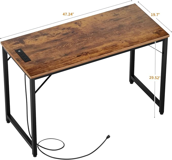 47 Inch Computer Desk with Magic Power Outlets, Modern Office Desk with USB Charging Ports, Sturdy Writing Table, Simple Laptop PC Gaming Desk for Bedroom Workstation, Rustic Brown, 2 Pack - LeafyLoom