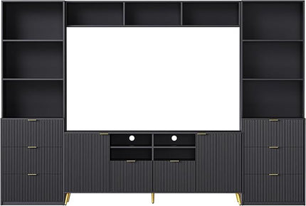 113Inch Entertainment Wall Unit with Bridge, Stand Media Console Table for TVs Up to 70" with 13 Shelves,8 Drawers and 2 Cabinets for Living Room, Black - LeafyLoom