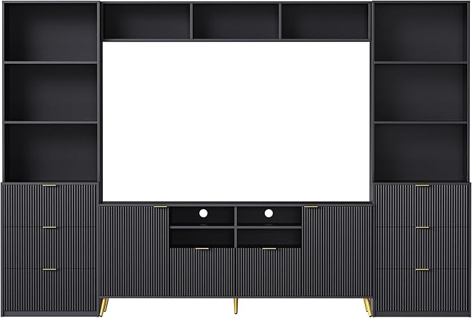 113Inch Entertainment Wall Unit with Bridge, Stand Media Console Table for TVs Up to 70" with 13 Shelves,8 Drawers and 2 Cabinets for Living Room, Black - LeafyLoom
