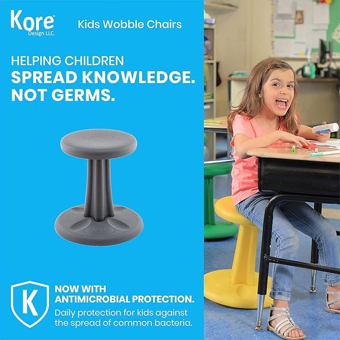 Kore Kids Junior Wobble Chair - Flexible Seating Stool for Classroom, Elementary School, ADD/ADHD - Made in The USA - Junior- Age 8-9, Grade 3-4, Grey (16in) - LeafyLoom