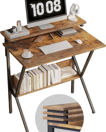 COTUBLR Small Desk, 27.5 Inch Small Computer Desk for Small Spaces, Computer Desk with Adjustable Monitor Stand, Compact Desk with Storage, Tiny Desk Study Desk for Bedroom Home Office, Rustic Brown - LeafyLoom