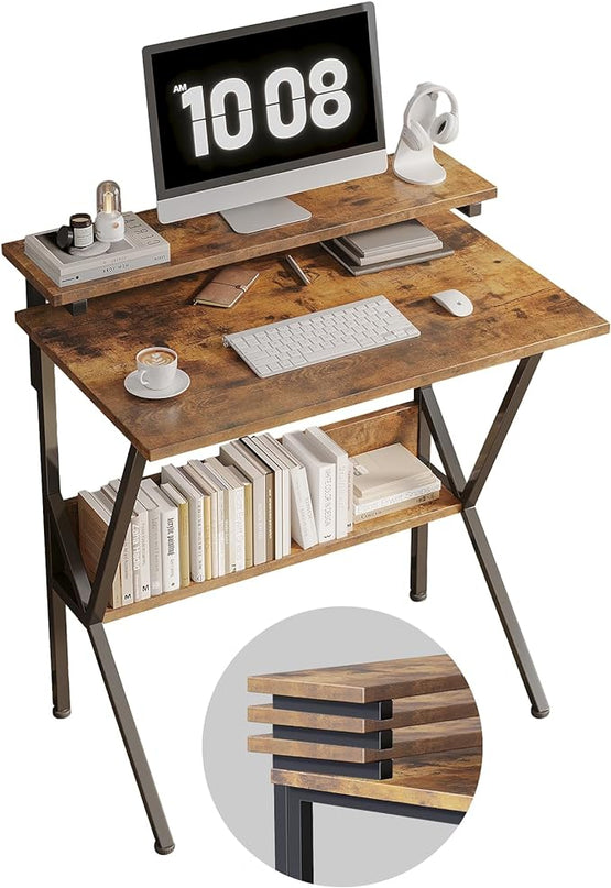 COTUBLR Small Desk, 27.5 Inch Small Computer Desk for Small Spaces, Computer Desk with Adjustable Monitor Stand, Compact Desk with Storage, Tiny Desk Study Desk for Bedroom Home Office, Rustic Brown - LeafyLoom