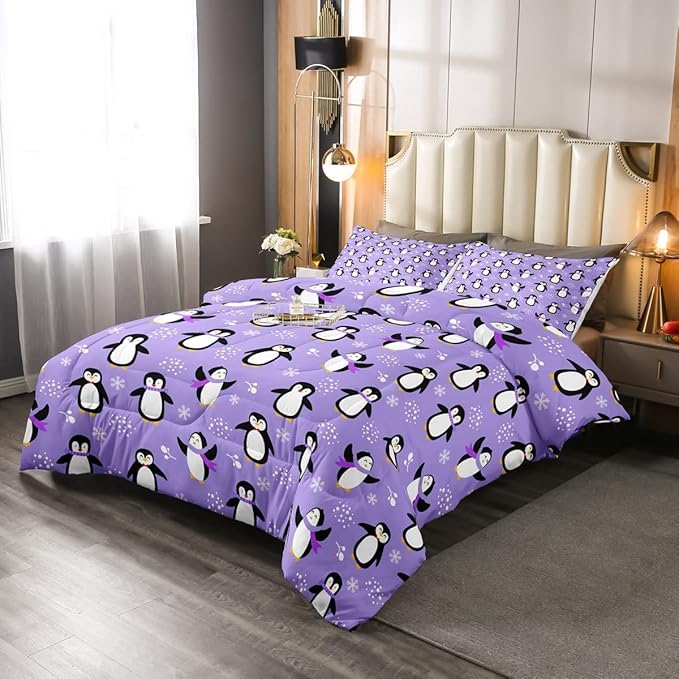 Penguin Comforter Set King Size Kawaii Penguin Down Comforter Antarctic Animal Bedding Set for Kids Boys Girls Teens Cartoon Cute Winter Quilt Set Snowflake Pattern Duvet Set Room Decor, Purple - LeafyLoom