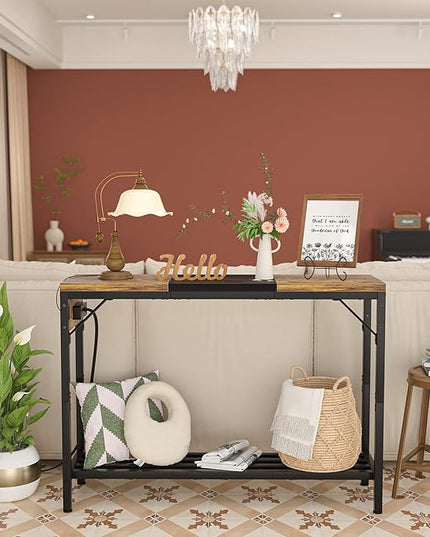 Narrow Console Table with Power Strips, Sofa Table with Storage Shelves for Living Room, 2-tier Foyer Tables for Entryway, Hallway, Behind Couch, Kitchen Counter, 39'', Rustic & Black - LeafyLoom