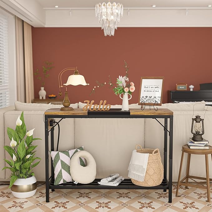Narrow Console Table with Power Strips, Sofa Table with Storage Shelves for Living Room, 2-tier Foyer Tables for Entryway, Hallway, Behind Couch, Kitchen Counter, 39'', Rustic & Black - LeafyLoom