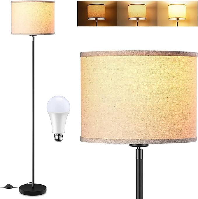 BoostArea Floor Lamps for Living Room Bedroom, 9W Modern Standing Lamp with 3 Color Temperature, Simple Floor Lamp, Beige Linen Shade, On/Off Foot Switch, Tall Pole Lamp for Office, Classroom, Den - LeafyLoom