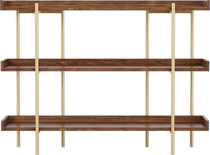Martha Stewart Emmett 3 Shelf Bookcase with Vertical Metal Frame, Home Office Storage Display Unit, 35"H, Walnut Wood Grain/Polished Brass - LeafyLoom