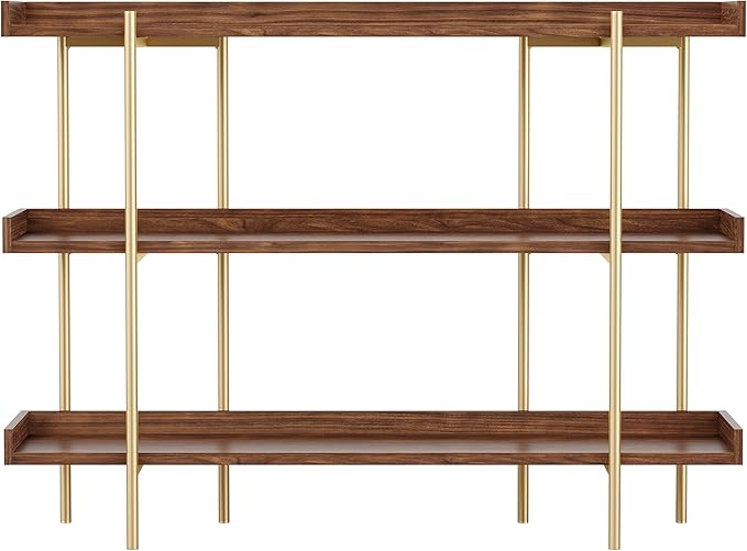 Martha Stewart Emmett 3 Shelf Bookcase with Vertical Metal Frame, Home Office Storage Display Unit, 35"H, Walnut Wood Grain/Polished Brass - LeafyLoom