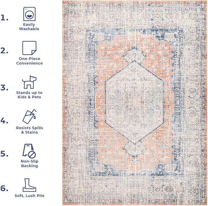 nuLOOM 2x3 Machine Washable Rain Haven Vintage Medallion Area Rug, Peach, Traditional Faded Design, Non-Slip Backing, Stain Resistant, For Bedroom, Dining Room, Living Room, Kitchen - LeafyLoom