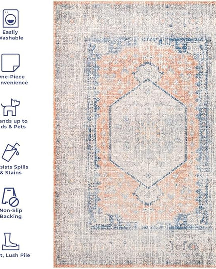 nuLOOM 6x9 Machine Washable Rain Haven Vintage Medallion Area Rug, Peach, Traditional Faded Design, Non-Slip Backing, Stain Resistant, For Bedroom, Dining Room, Living Room, Kitchen - LeafyLoom
