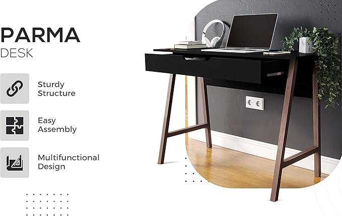 PARMA 42 Inch Modern Desk - Home & Office Small Computer Desk with Wide Drawer - Wooden Study Writing Minimalist Desk with Storage for Small Space, Bedroom & Workstations - Student Desk/Table (Black) - LeafyLoom