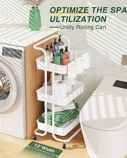 LEHOM 3-Tier Rolling Utility Cart with Hanging Cups & Hooks & Handle, Plastic Art Cart Organizer Storage with Wheels, Easy Assembly for Office, Bedroom, Kitchen, Bathroom, Laundry (White) - LeafyLoom