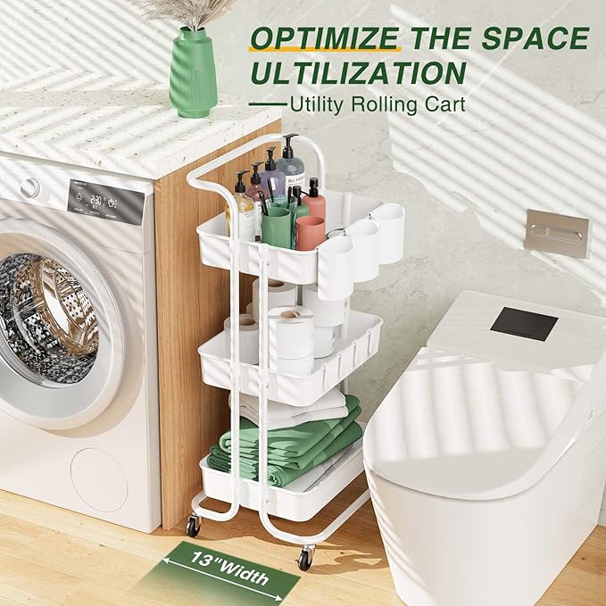 LEHOM 3-Tier Rolling Utility Cart with Hanging Cups & Hooks & Handle, Plastic Art Cart Organizer Storage with Wheels, Easy Assembly for Office, Bedroom, Kitchen, Bathroom, Laundry (White) - LeafyLoom