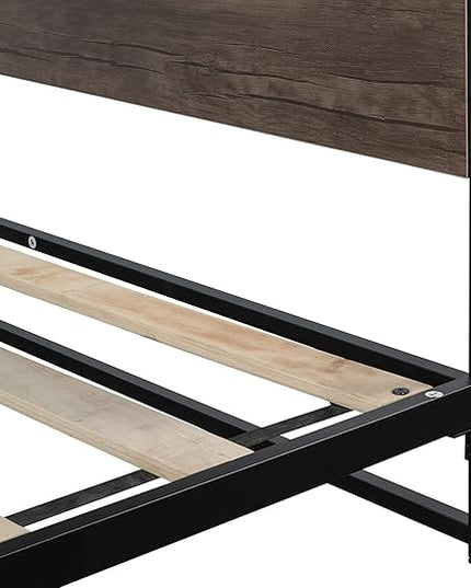 Queen Size Metal Platform Bed Frame with Wooden Headboard,Built-in Socket, Fast Assemble Design,No Box Spring Needed,Bedroom Furniture,Black - LeafyLoom
