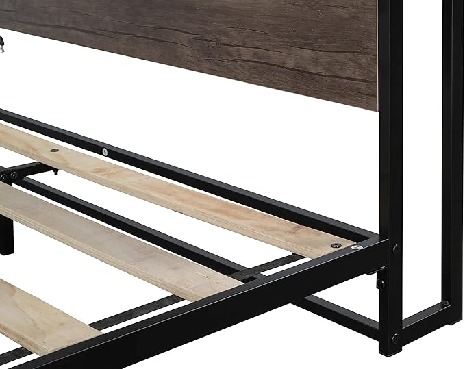 Queen Size Metal Platform Bed Frame with Wooden Headboard,Built-in Socket, Fast Assemble Design,No Box Spring Needed,Bedroom Furniture,Black - LeafyLoom
