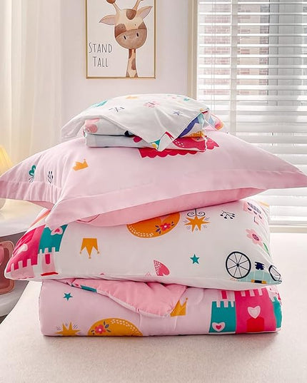 Wajade Kids Pink Princess Comforter Set Bed in A Bag Full Size 7 Piece Princess Fairy Tales Castle Bedding Set for Girl (1 Comforter, 1 Flat Sheet, 1 Fitted Sheet, 2 Pillowcase and 2 Pillow Sham) - LeafyLoom