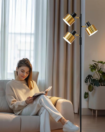 OYEARS Floor Lamp for Living Room Bright Lighting Tall Modern Industrial Vintage Standing Corner Lamps LED Metal Light Office Bedroom Study Gold Black White Matte Accent (3-Light, Gold) - LeafyLoom