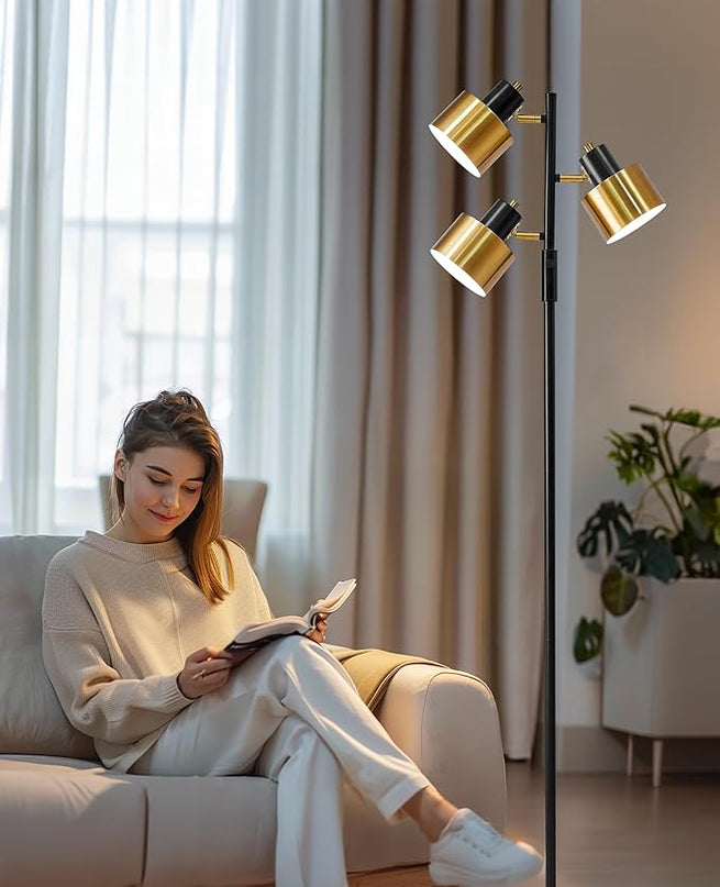 OYEARS Floor Lamp for Living Room Bright Lighting Tall Modern Industrial Vintage Standing Corner Lamps LED Metal Light Office Bedroom Study Gold Black White Matte Accent (3-Light, Gold) - LeafyLoom
