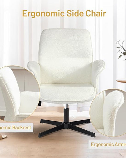 Home Office Chair, Upholstered Linen Fabric Padded Mid Back Accent Chair, Computer Desk Chairs Ergonomic No Wheels Stylish Swivel Adjustable Vanity Chair with Armrests, Beige - LeafyLoom