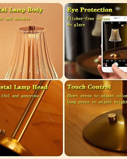 Table Lamps for Nightstand,3 Colors Crystal Table Lamp,LED Night Light,Cordless Lamp Vintage Lamp,Rechargeable Touch Control Small Desk Lamp,Bedside Lamps for Living Bedroom Bathroom Room Bar Lamp - LeafyLoom